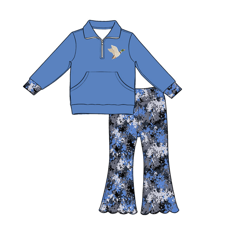 5.1 Girls Hunting Quarter-Zip Pullover+Blue Camo Flare Pants Set Preorder