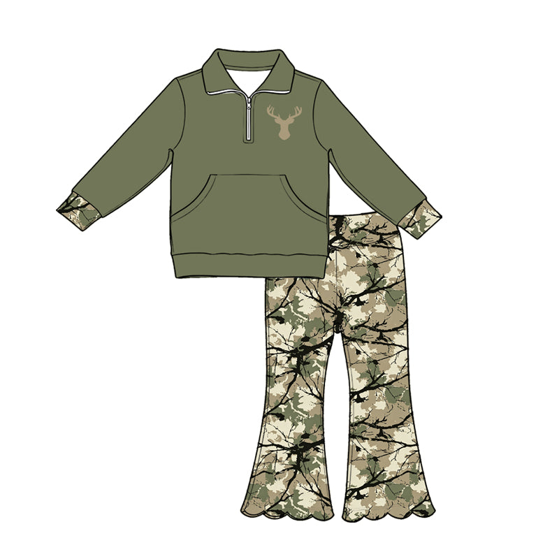 5.1 Kids Girls Hunting Deer Quarter-Zip & Green Camo Bell Bottoms Outfit Preorder