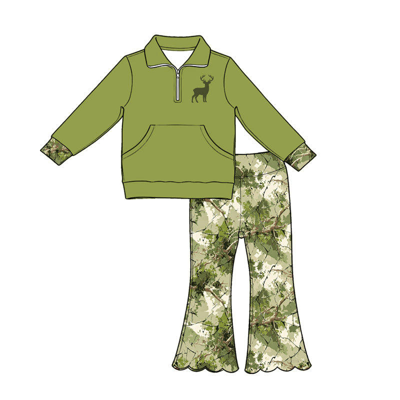 5.1 Kids Girls Hunting Deer Pullover Top + Forest Camo Flare Pants Outfit Preorder
