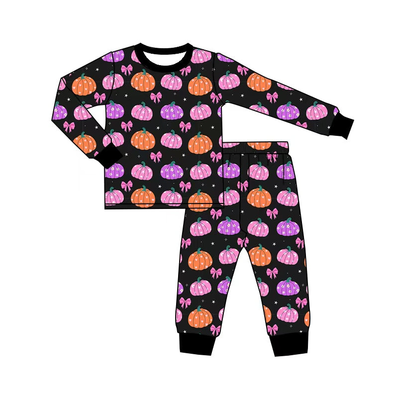 5.1 GLP3377 Pumpkin Bows Baby Girls Fall Pajamas Clothes Set Preorder
