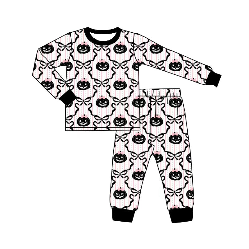 5.1 GLP3378 Pumpkin Bows Stripes Baby Girls Halloween Pajamas Clothes Set Preorder