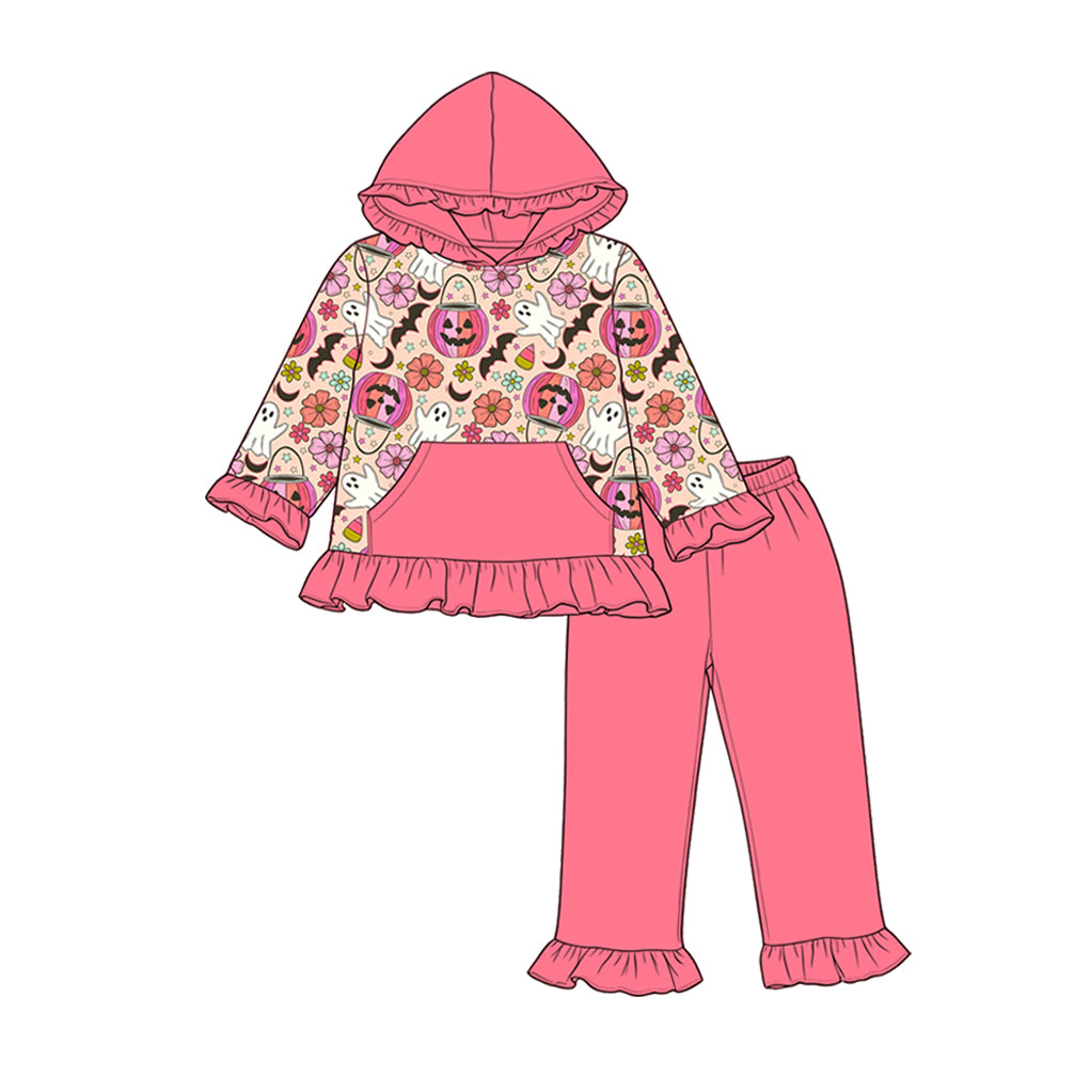 5.9 Girls Pink Halloween Hoodie Set - Ghost & Pumpkin Print Ruffle Outfit Preorder