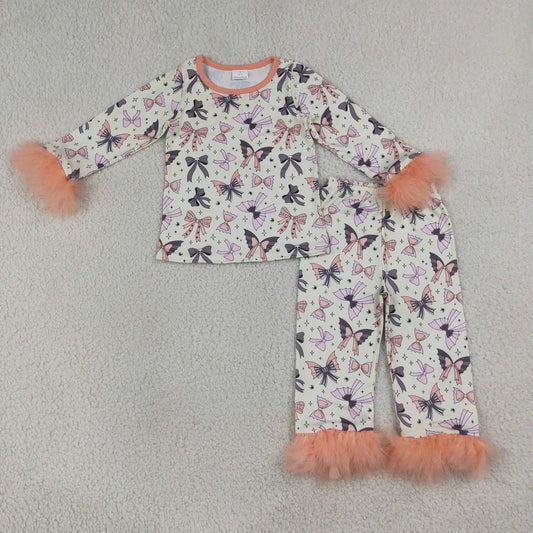 Sibling Kids Girls Bows Pumpkin Print Long Sleeve Pajama Set with Fur