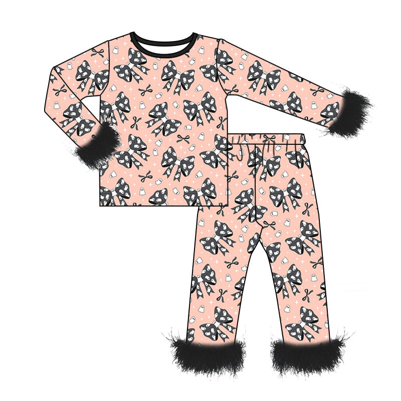 5.13 Girls Cream Halloween Polka Dot Bow Pajama Set With Feather Preorder