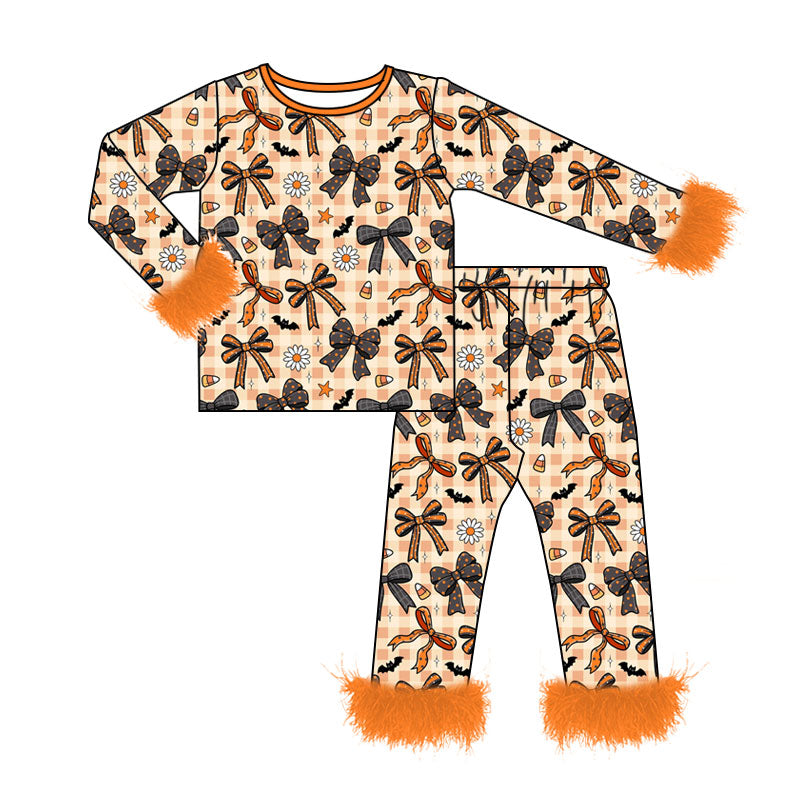 5.13 Girls Cream Halloween Plaid Bow & Candy Corn Pajama Set With Feather Preorder