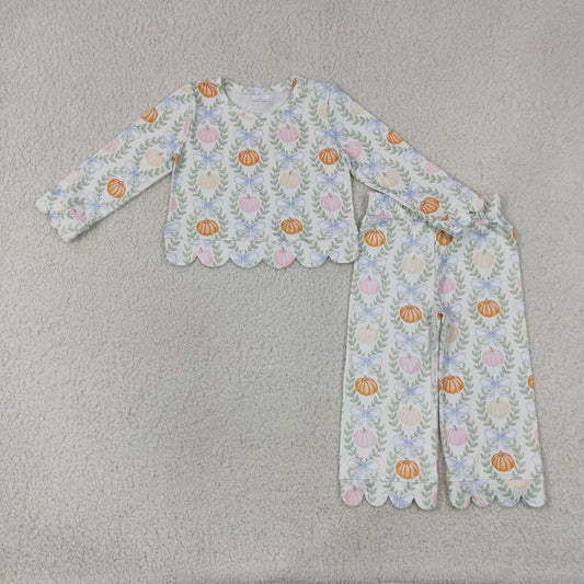 GLP3395 Pumpkin Bows Print Girls Scallop Edge Fall Clothes Set