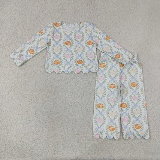 Sibling Kids Girls Pumpkin Christmas Floral Long Sleeve Top Scallop Outfit