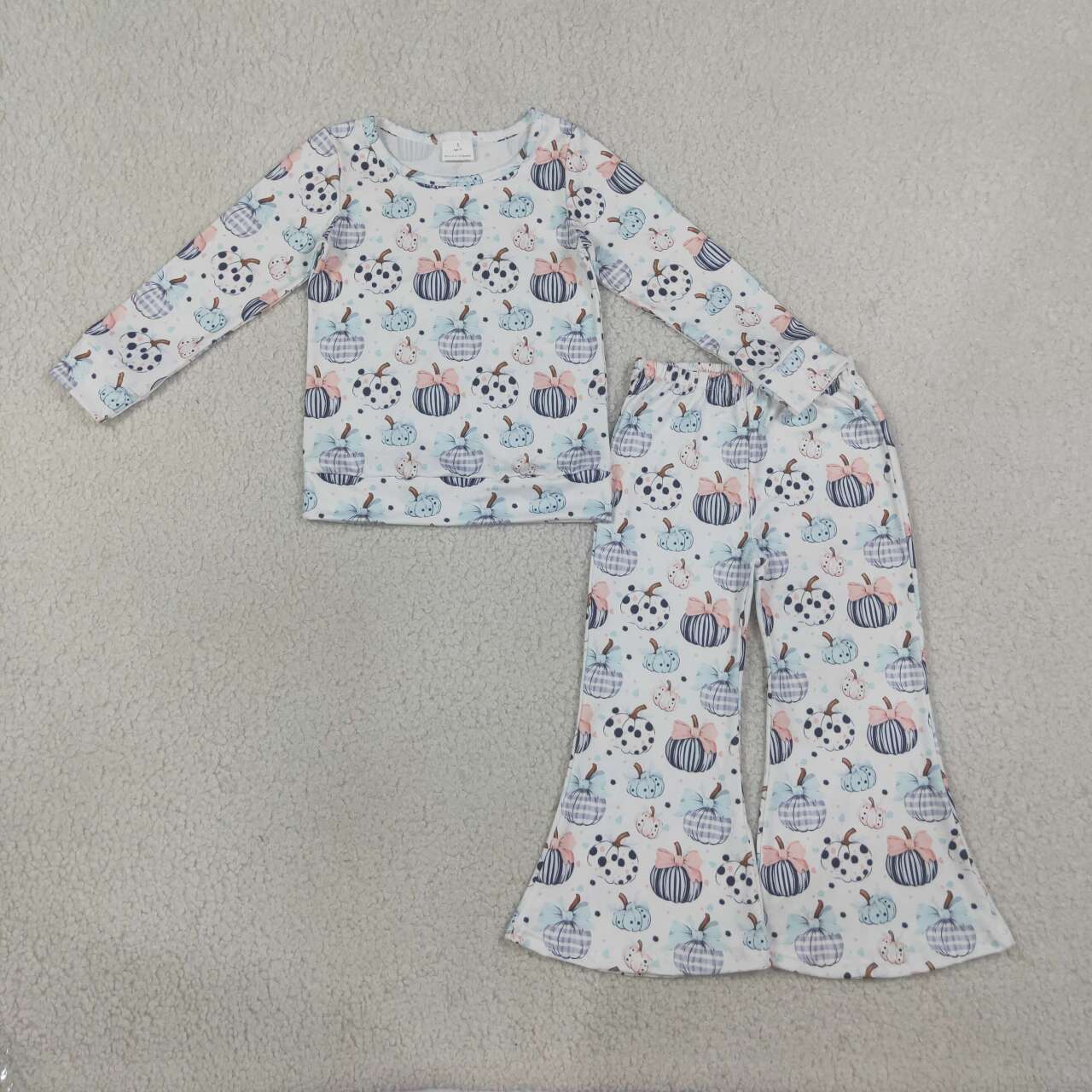 GLP3403 Pumpkin Bows Print Bell Pants Girls Fall Clothes Set