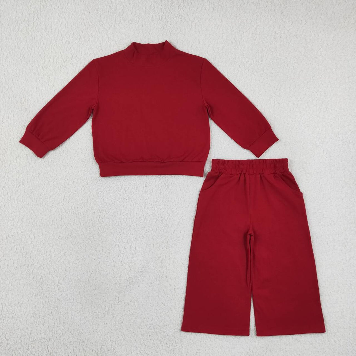 GLP3413 Wine Color Long Sleeve Mock Neck Top Pocket Pants Girls Cotton Clothes Set