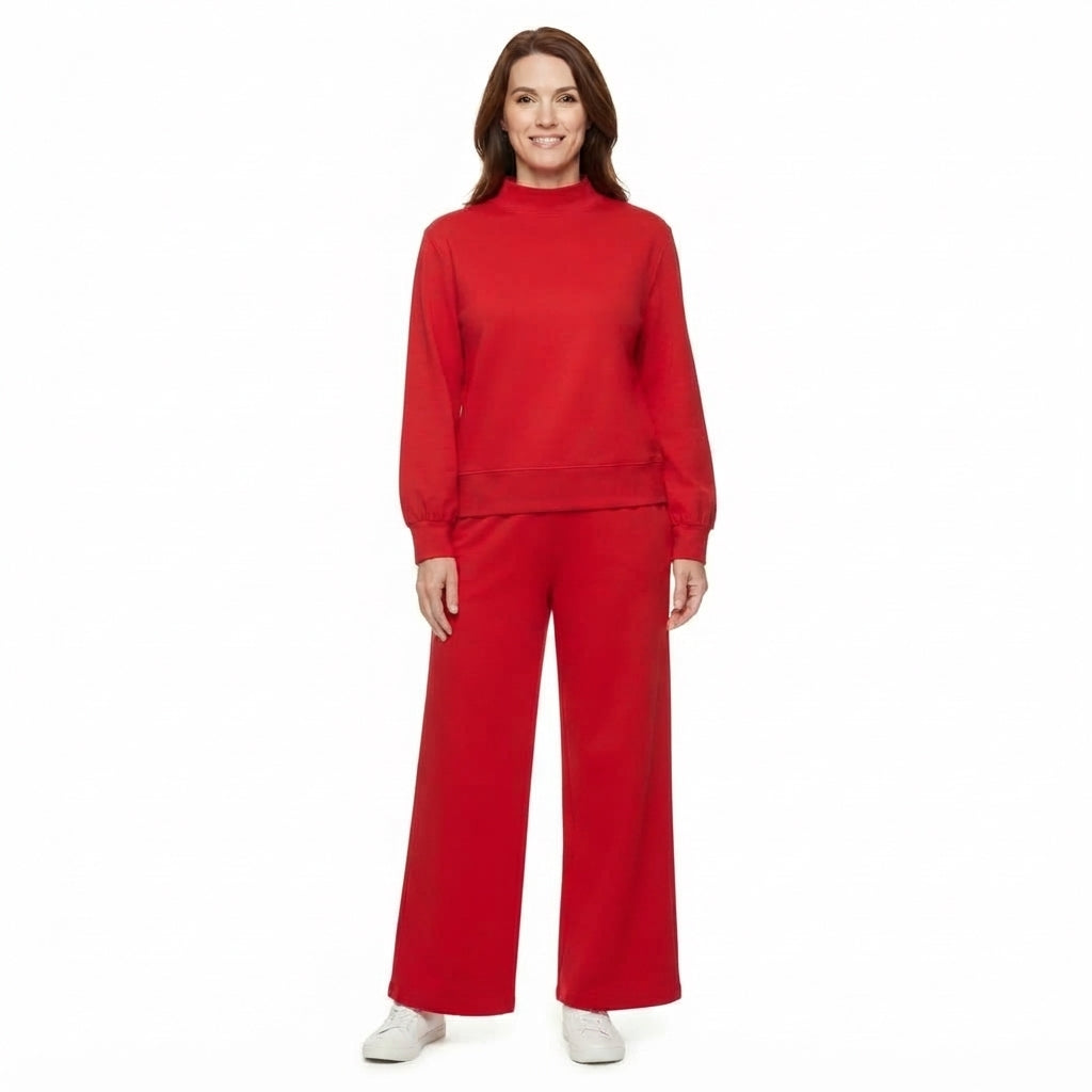 Red Color Long Sleeve Top Pocket Pants Woman Cotton Clothes Set