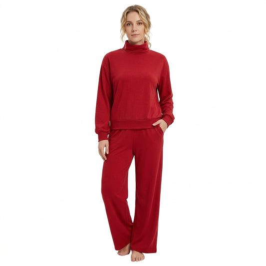 GLP3418 Adult Wine Color Long Sleeve Mock Neck Top Pocket Pants Woman Cotton Clothes Set