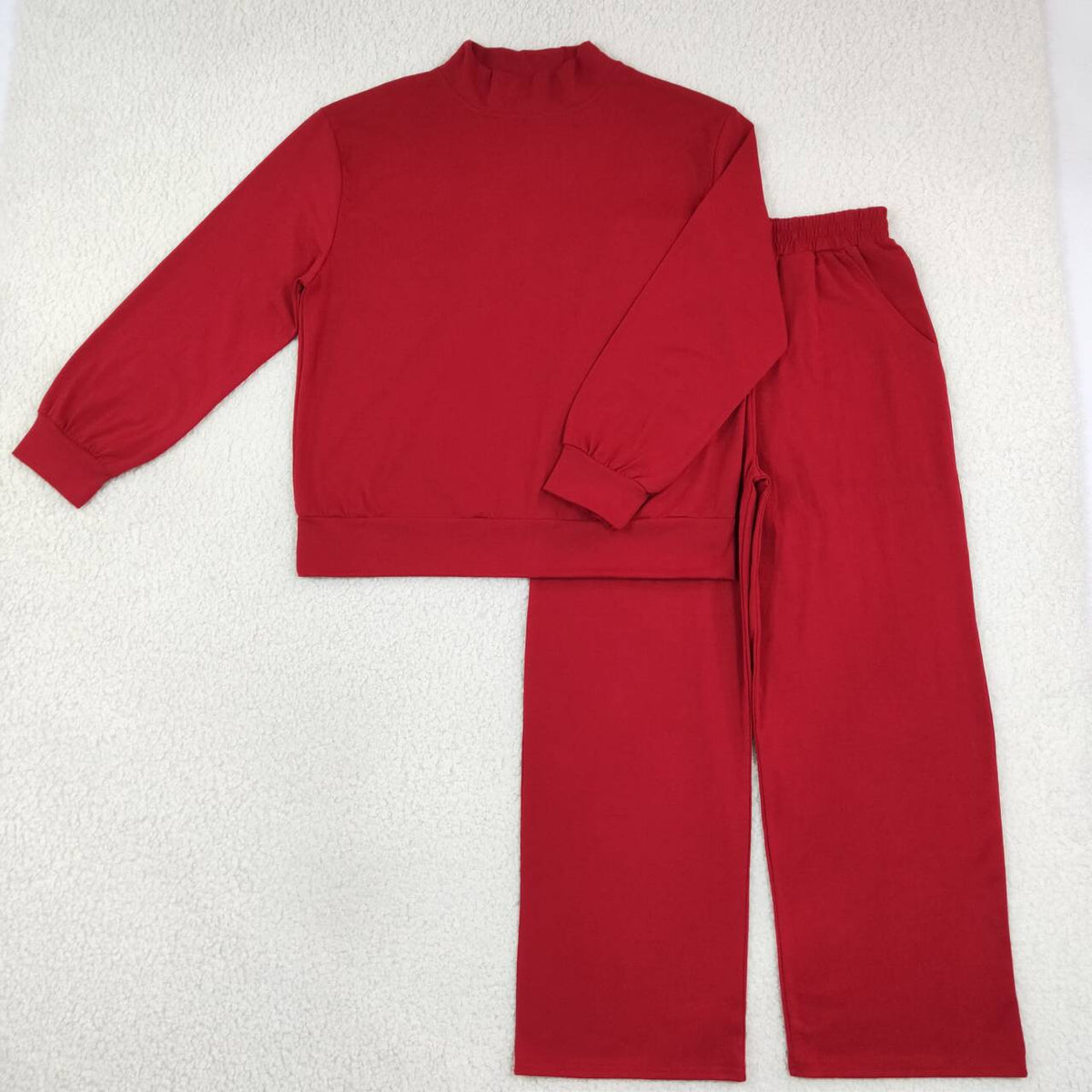 GLP3418 Adult Wine Color Long Sleeve Mock Neck Top Pocket Pants Woman Cotton Clothes Set