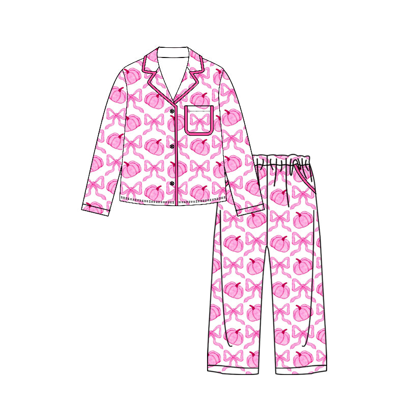 6.24 GLP3423 Preorder Pumpkin Bows Pink Print Woman Fall Pajamas Clothes Set