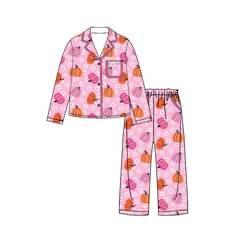 6.24 GLP3424 Preorder Pumpkin Flowers Pink Print Woman Fall Pajamas Clothes Set