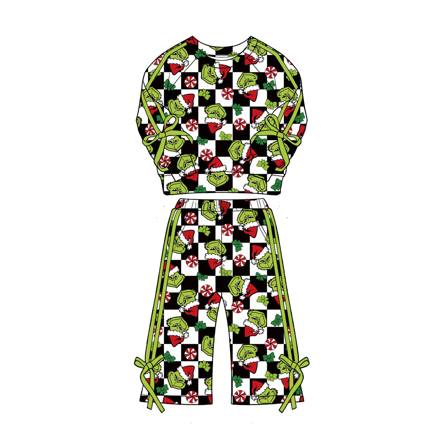 6.26 Preorder Kids Girls Christmas Green Face Sweatshirt With Wild Leg Pants Set