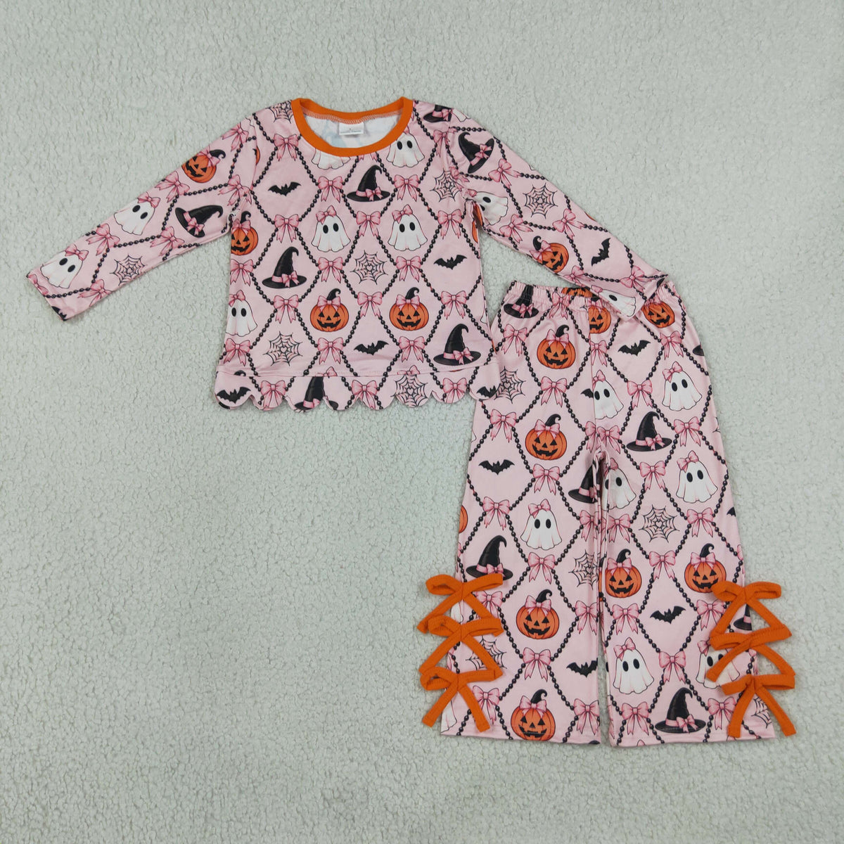 Sibling Baby Girls Bows Pumpkin Scallop Top with Flare Pants Outfit