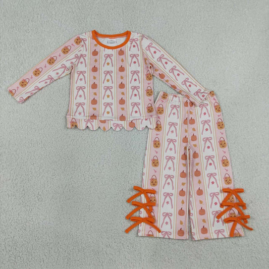 GLP3436 Pumpkin Bows Flowers Scallop Top Straight Pants Girls Halloween Clothes Set