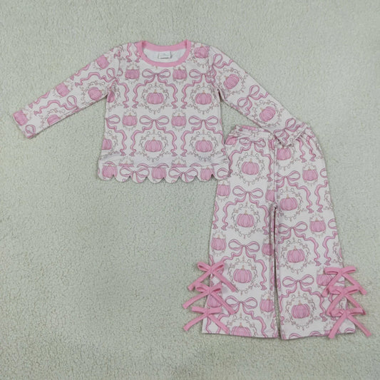 Sibling Baby Girls Bows Pumpkin Scallop Top with Flare Pants Outfit