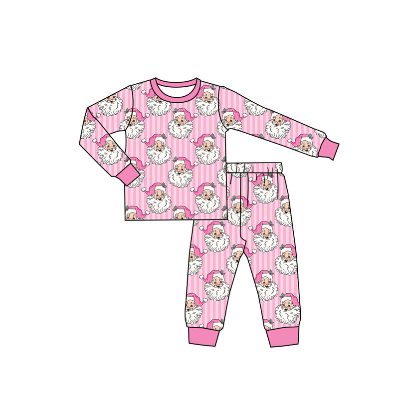 6.27 Preorder GLP3440 Santa Pink Stripes Print Girls Christmas Pajamas Clothes Set