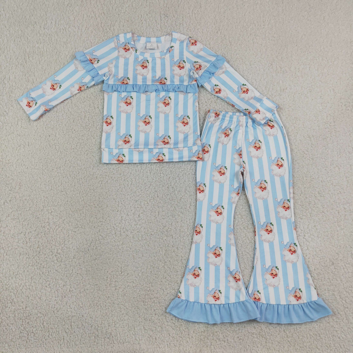 GLP3451 Santa Blue Stripes Top Bell Pants Girls Christmas Clothes Set