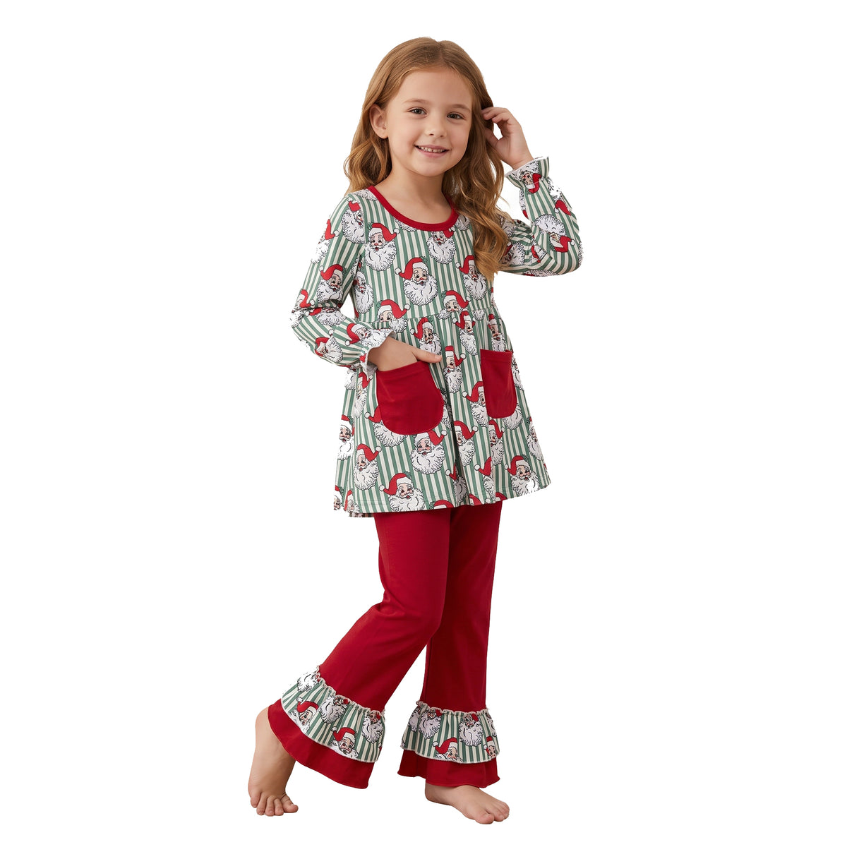 GLP3454 Santa Green Stripes Tunic Top Red Ruffle Pants Girls Christmas Clothes Set