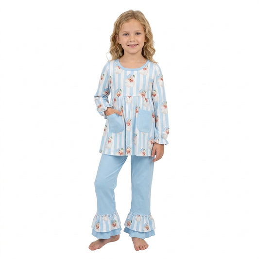 GLP3455 Santa Blue Stripes Pockets Tunic Top Ruffle Pants Girls Christmas Clothes Set