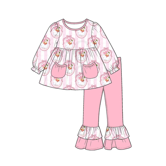 Preorder GLP3456 Santa Pink Stripes Tunic Top Ruffle Pants Girls Christmas Clothes Set