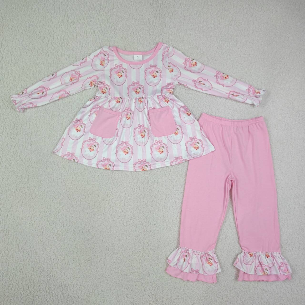 GLP3456 Santa Pink Stripes Pockets Tunic Top Ruffle Pants Girls Christmas Clothes Set