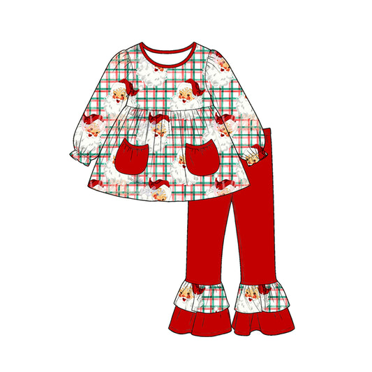 Preorder GLP3457 Santa Plaid Tunic Top Ruffle Pants Girls Christmas Clothes Set