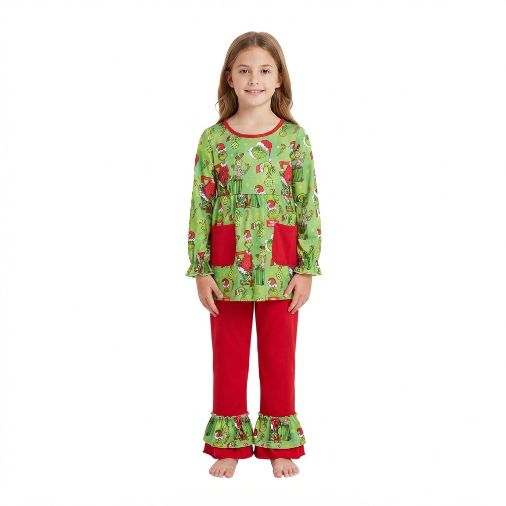 GLP3459 Green Frog Pockets Tunic Top Red Ruffle Pants Girls Christmas Clothes Set