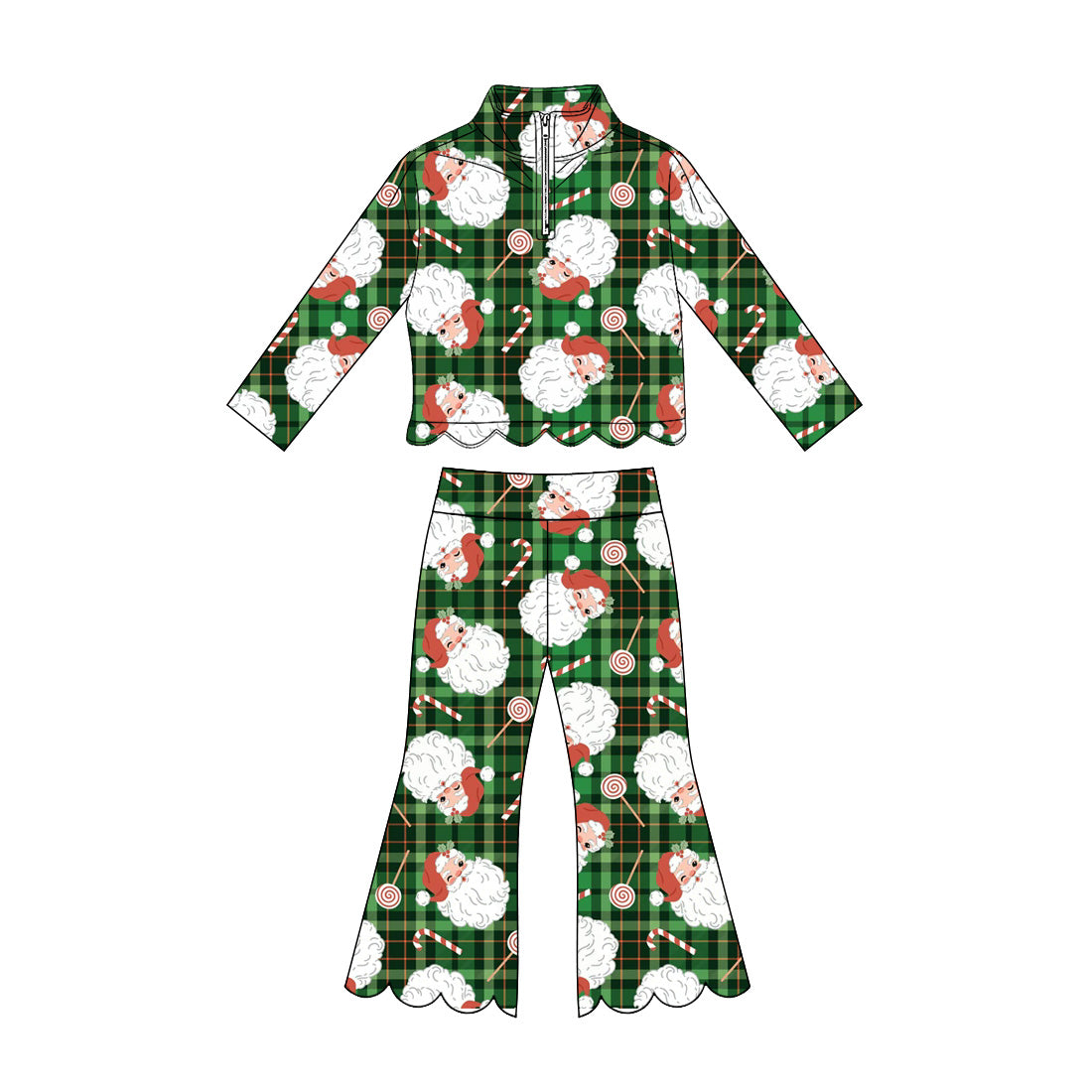 7.6 Preorder KIds Girls Green Christmas Santa Long Sleeve Pullover Top with Pants Outfit