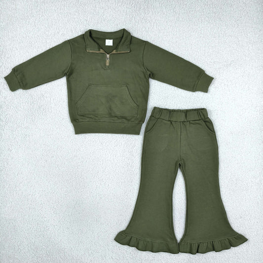 Sibling Kids Girls Solid Color Zipper Pullover Sweatshirt Bell Bottom Pants Outfit