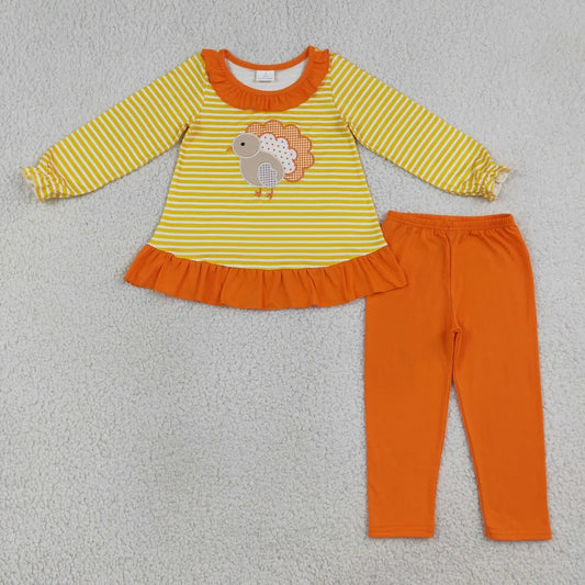 Sibling Baby Girls Embroidery Turkey Pumpkin Christmas Dog Striped Long Sleeve Top Leggings Outfit