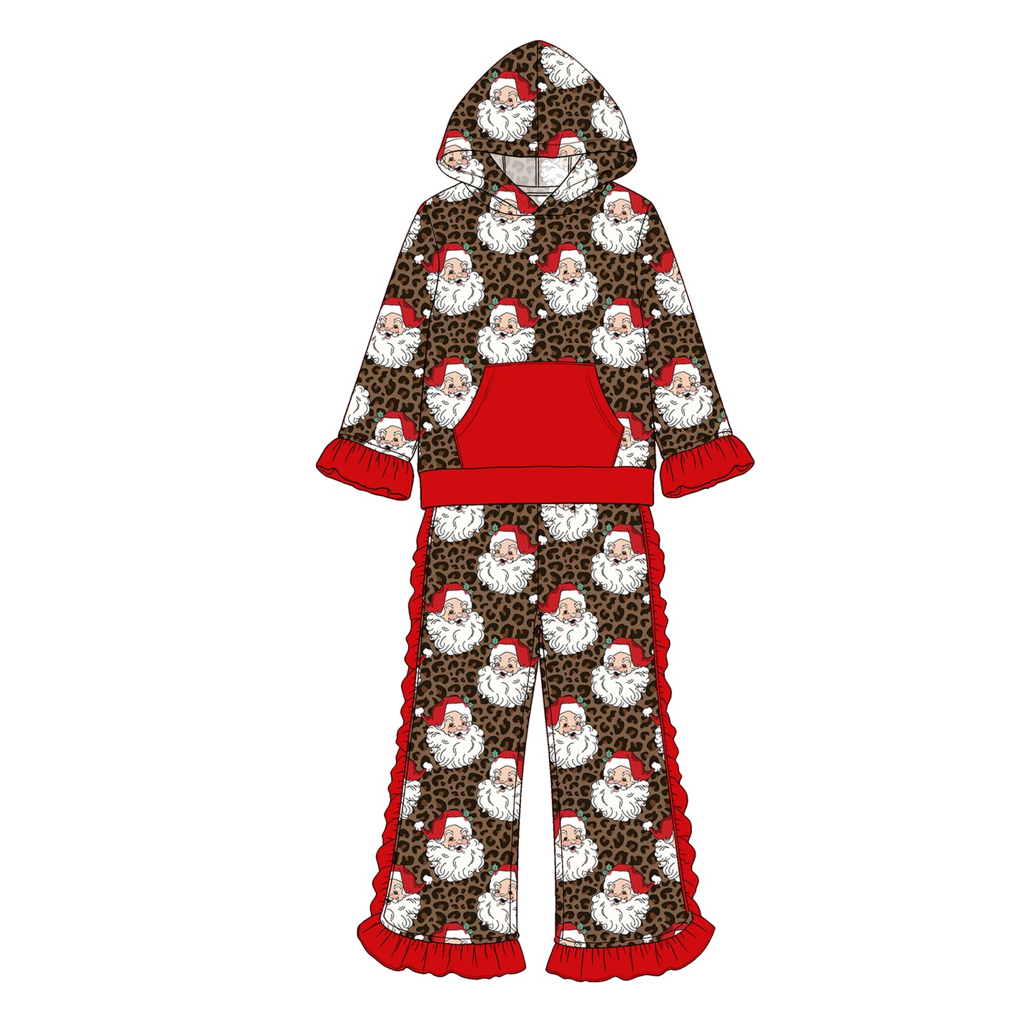 7.15 GLP3498 Preorder Santa Leopard Hoodie Top Ruffle Pants Girls Christmas Clothes Set