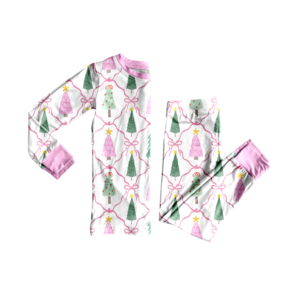 7.15 GLP3499 Preorder Tree Bows Girls Christmas Pajamas Clothes Set