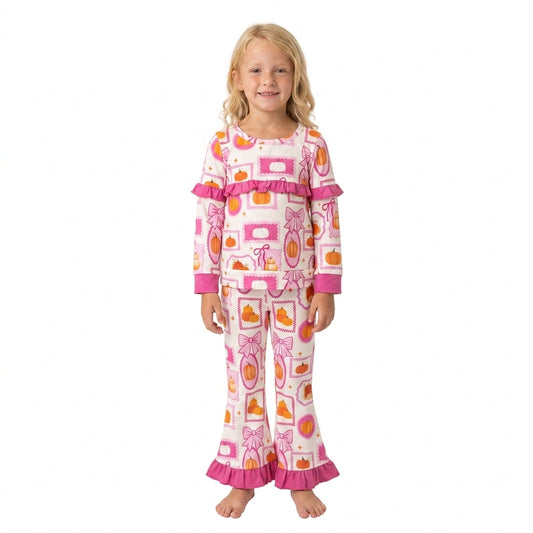GLP3504 Pumpkin Bows Pink Ruffle Top Bell Pants Girls Fall Clothes Set