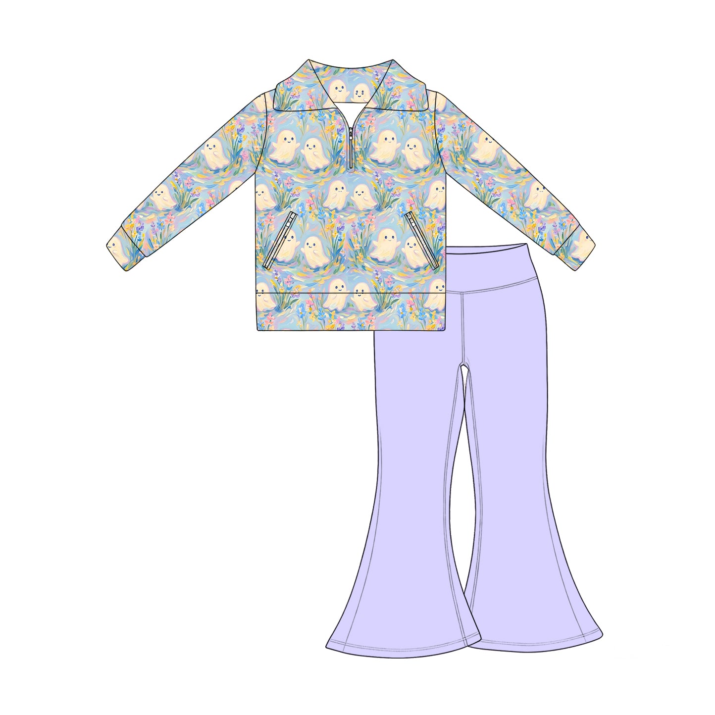 7.17 Preorder Kids Halloween Ghost Pullover Top with Violet Bell Bottom Pants Outfit
