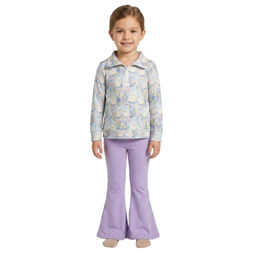 GLP3506 Ghost Flowers Pullover Top Violet Bell Pants Girls Halloween Clothes Set