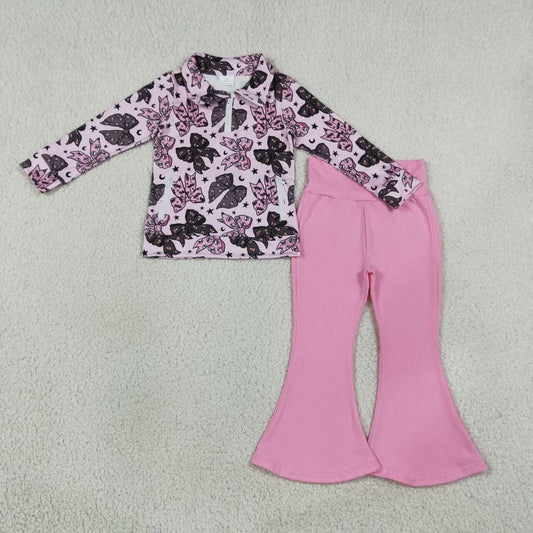 GLP3507 Bows Stars Zipper Pullover Top Pink Bell Pants Girls Halloween Clothes Set