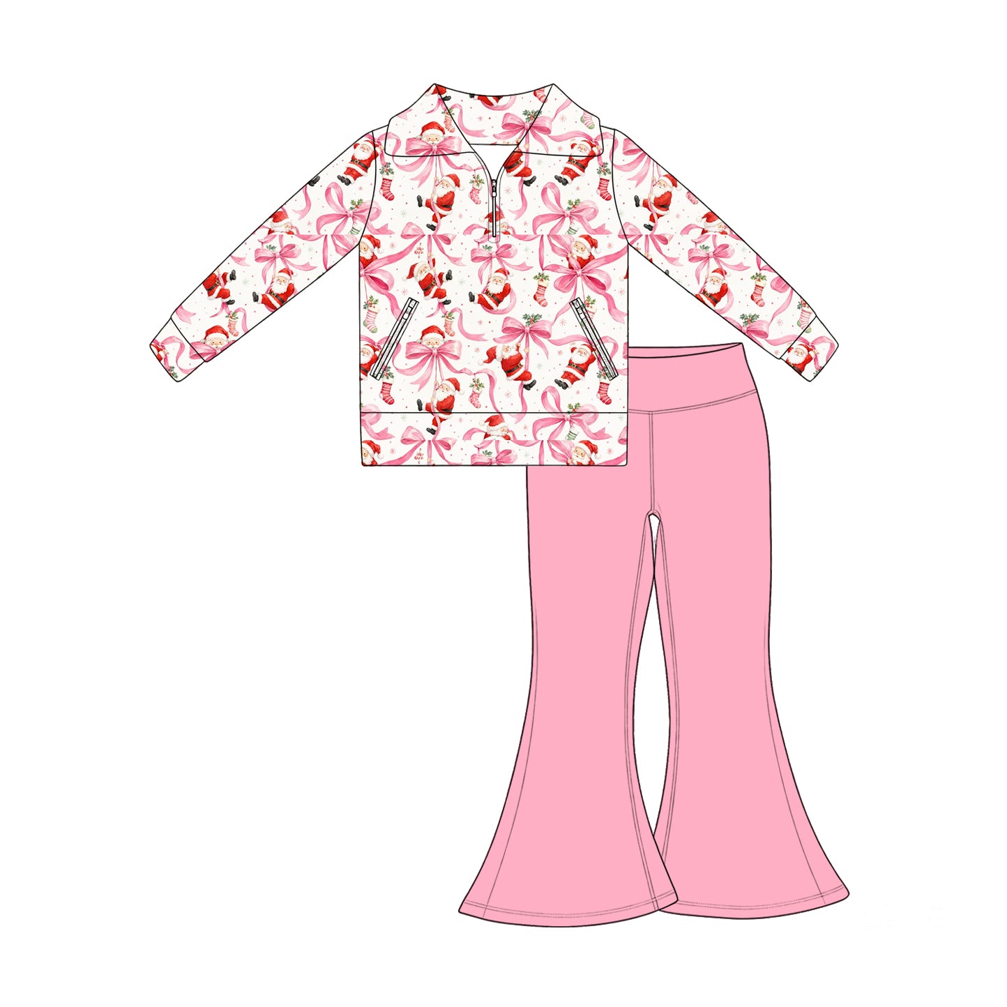7.17 Preorder Kids Christmas Santa Bow Pullover Top with Pink Bell Bottom Pants Outfit