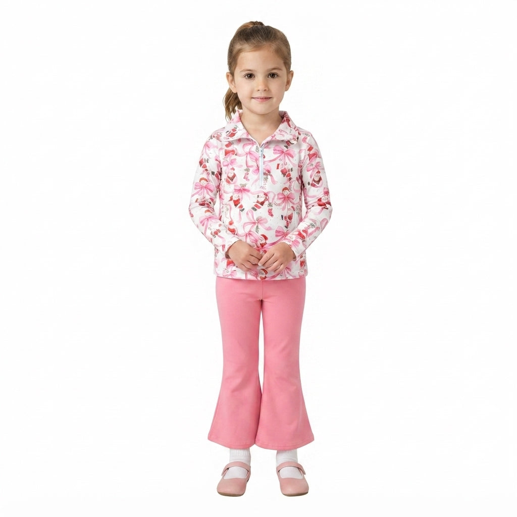 GLP3508 Santa Bows Zipper Pullover Top Pink Bell Pants Girls Christmas Clothes Set