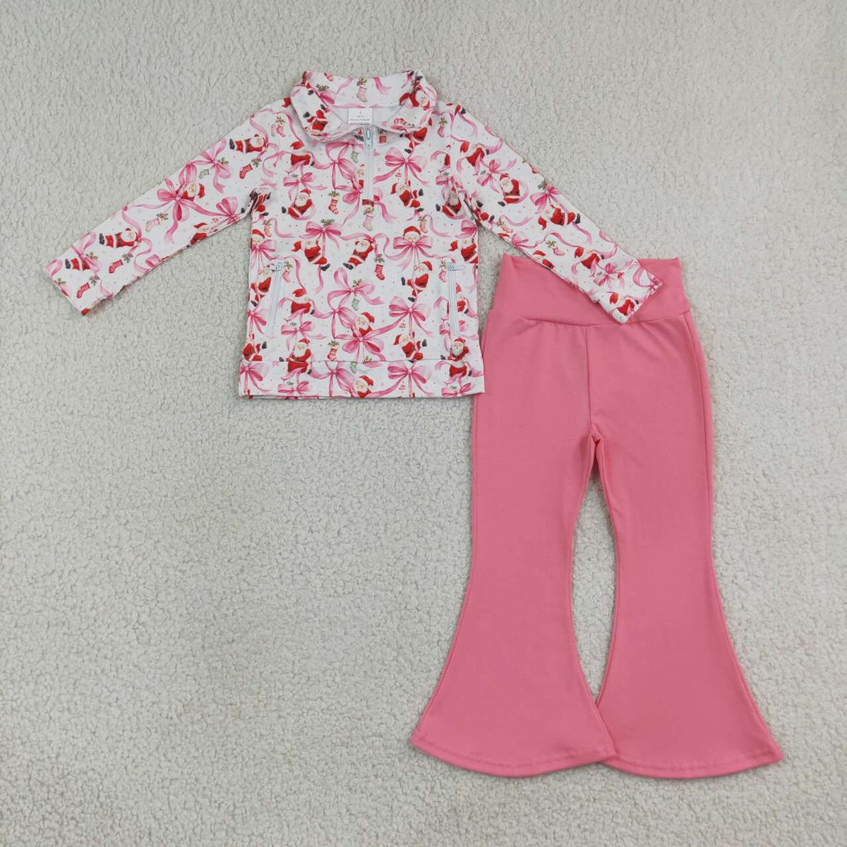 GLP3508 Santa Bows Zipper Pullover Top Pink Bell Pants Girls Christmas Clothes Set