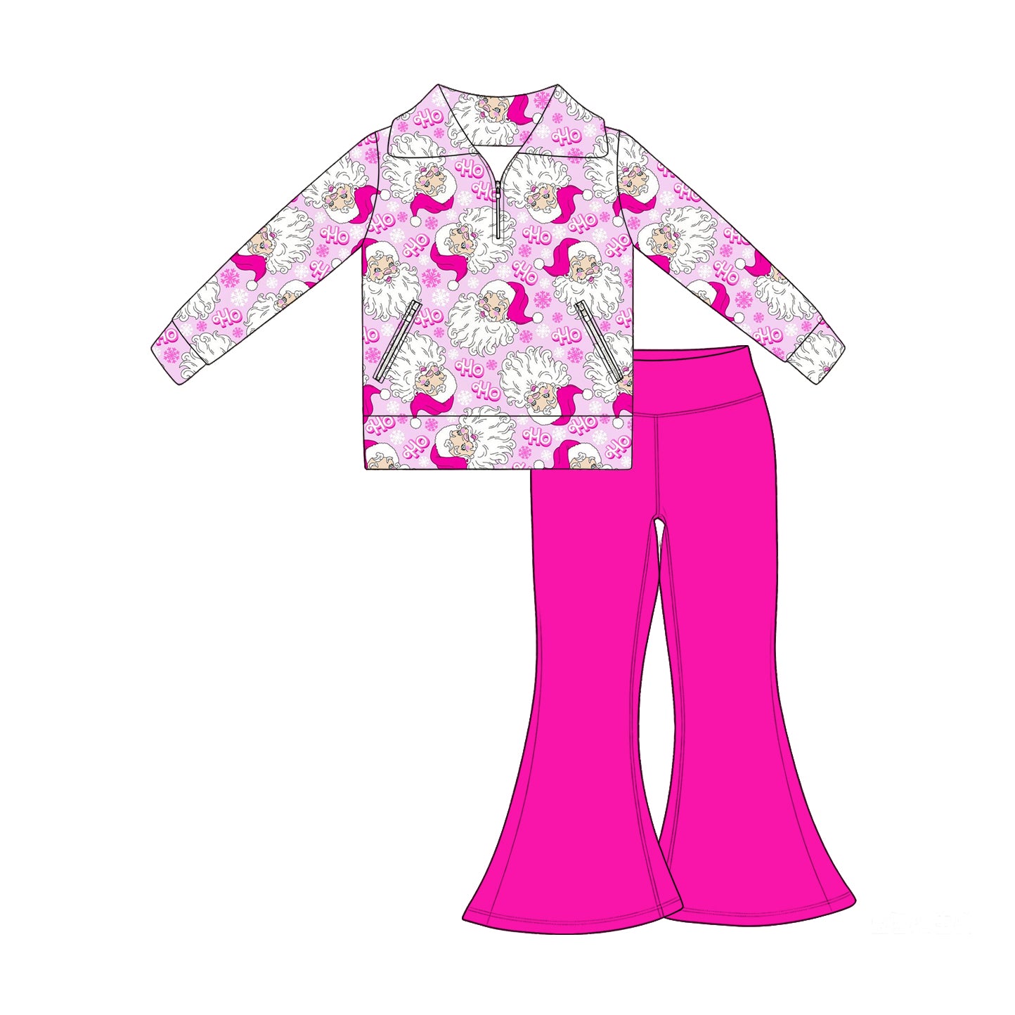 7.17 Preorder Kids Christmas Sante Pullover Top with Hot Pink Bell Bottom Pants Outfit