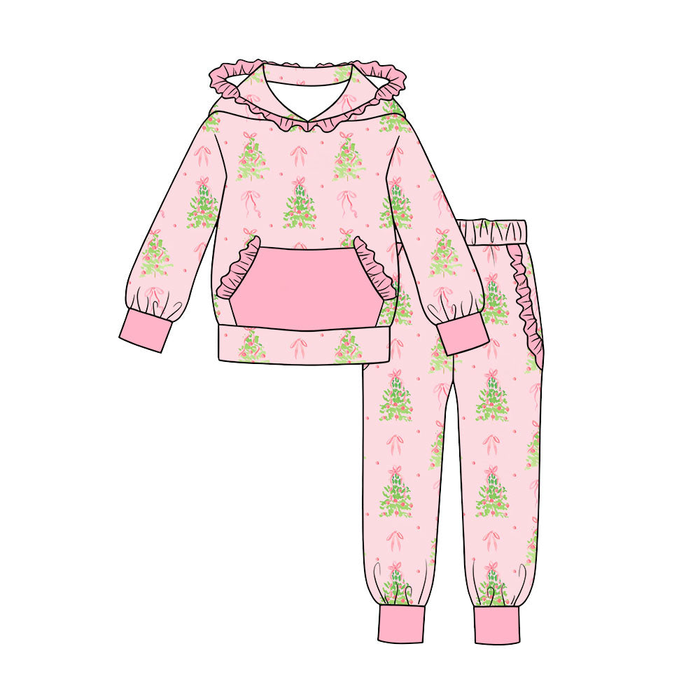 7.18 Preorder Girls Christmas Tree Long Sleeve Ruffle Pink Hooded Sweatshirt Pants Outfit