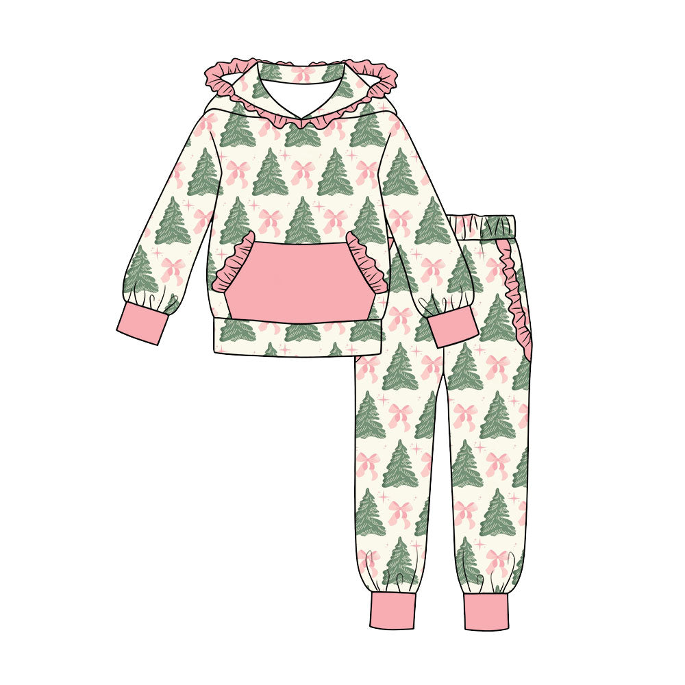 7.18 Preorder Girls Christmas Tree Bow Long Sleeve Ruffle Hooded Sweatshirt Pants Outfit