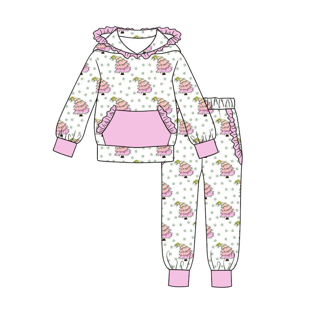 7.18 Preorder Girls Christmas Tree Long Sleeve Ruffle Hooded Pants Outfit