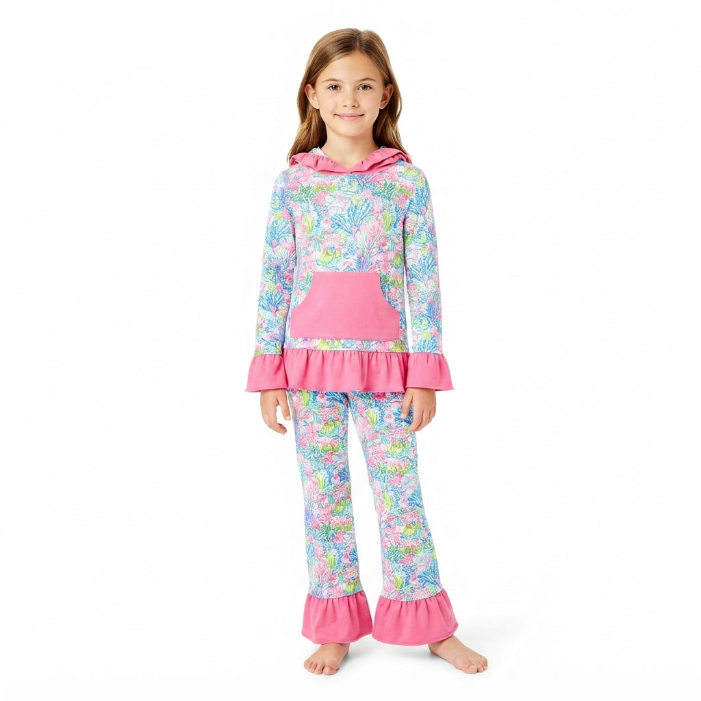 GLP3518 Seaweed Hot Pink Hoodie Top Ruffle Pants Girls Fall Clothes Set
