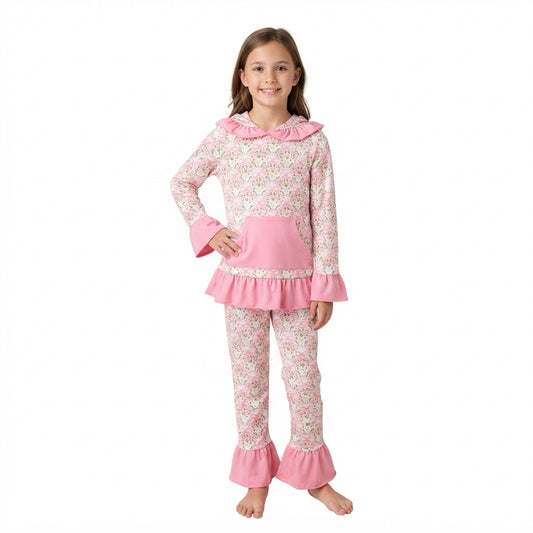 GLP3520 Flowers Bows Pink Hoodie Top Pants Girls Fall Ruffle Clothes Set