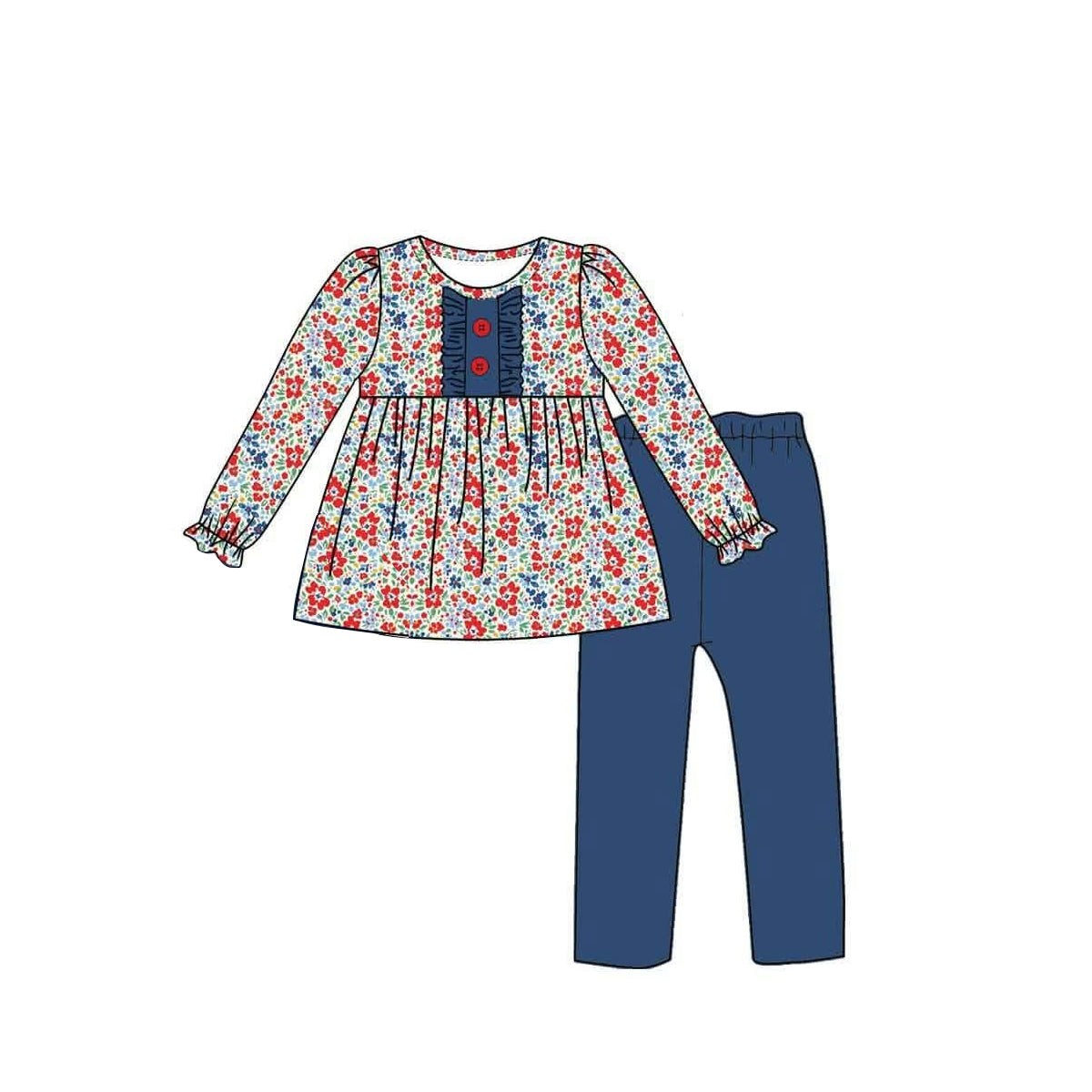 7.20 GLP3522 Preorder Flowers Tunic Top Navy Legging Pants Girls Clothes Set