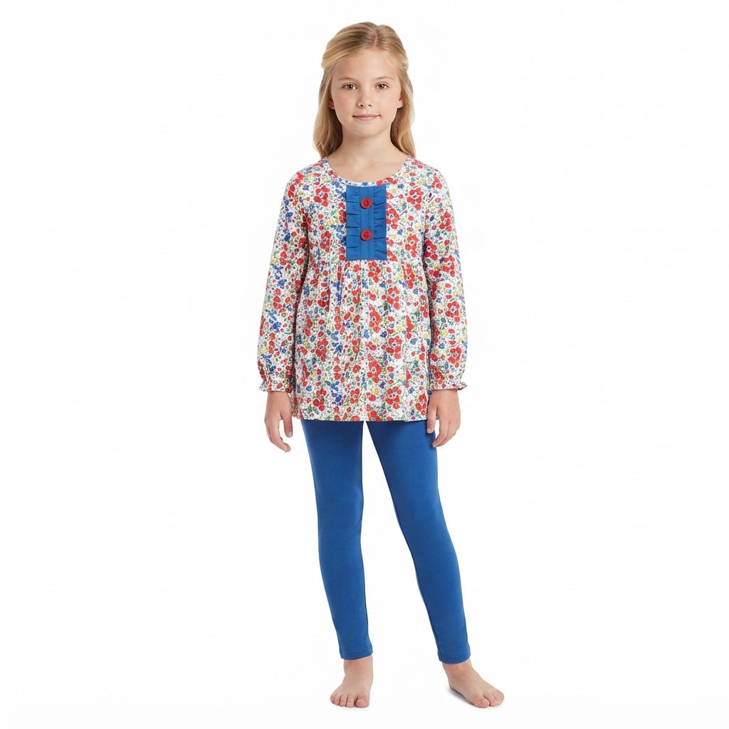 GLP3522 Colorful Small Flowers Tunic Top Blue Legging Pants Girls Clothes Set